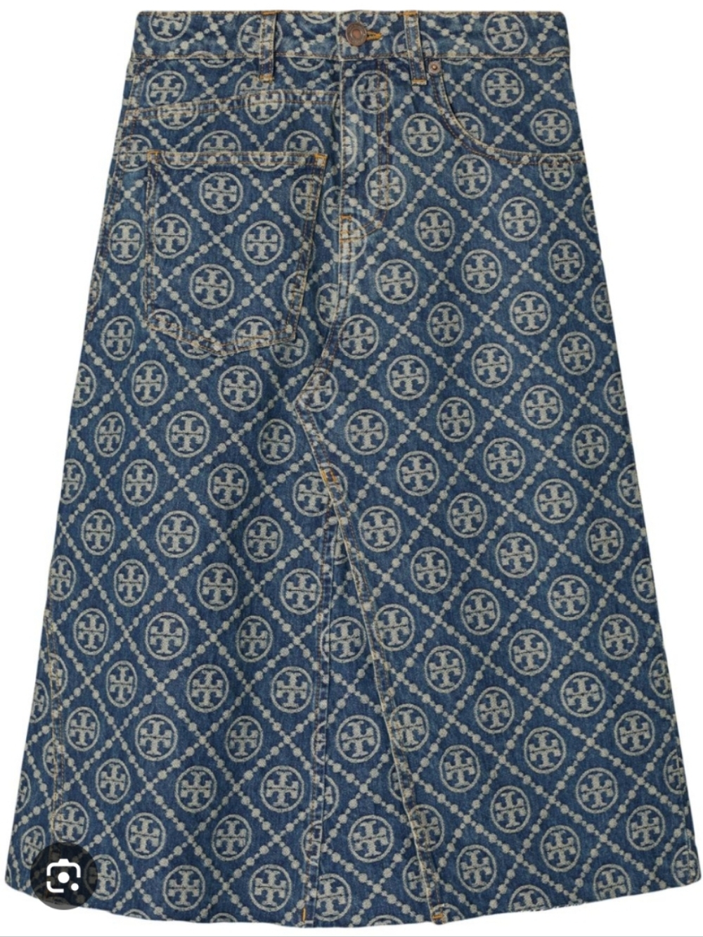 Tory Burch Indigo Logo-Print A-Line Denim Skirt
